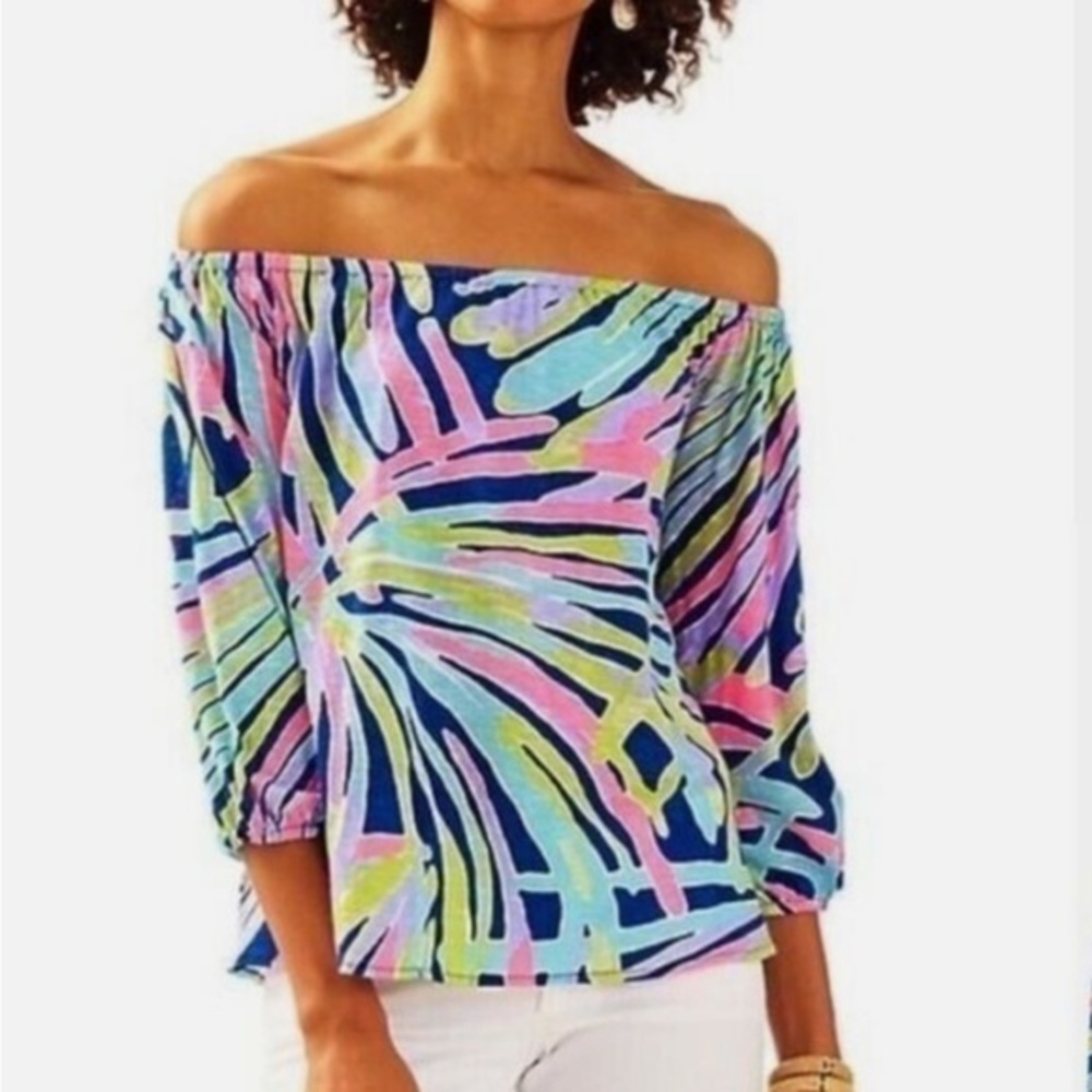Lilly Pulitzer Blue and Pink Off-the-Shoulder Blouse